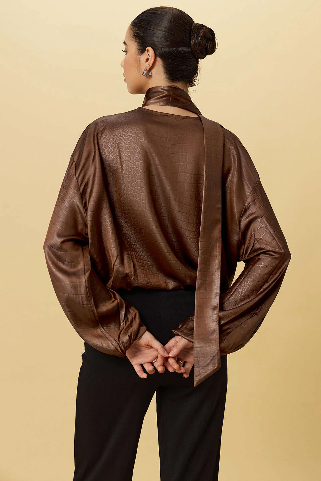 Satin Texture Ruched Long-Sleeve Top With Scarf - Image 2