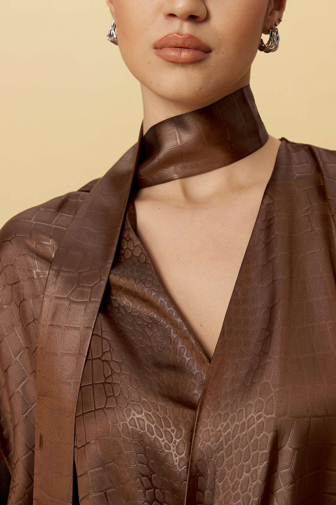 Satin Texture Ruched Long-Sleeve Top With Scarf - Image 3
