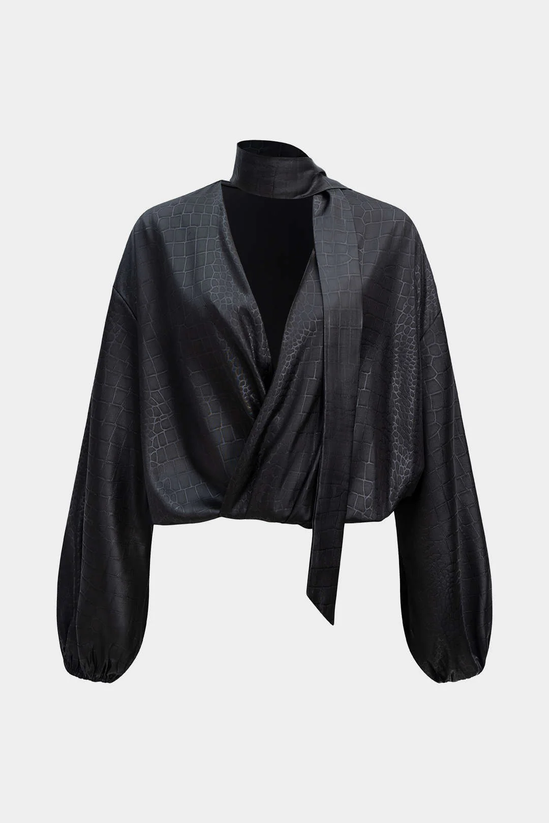 Satin Texture Ruched Long-Sleeve Top With Scarf - Image 5