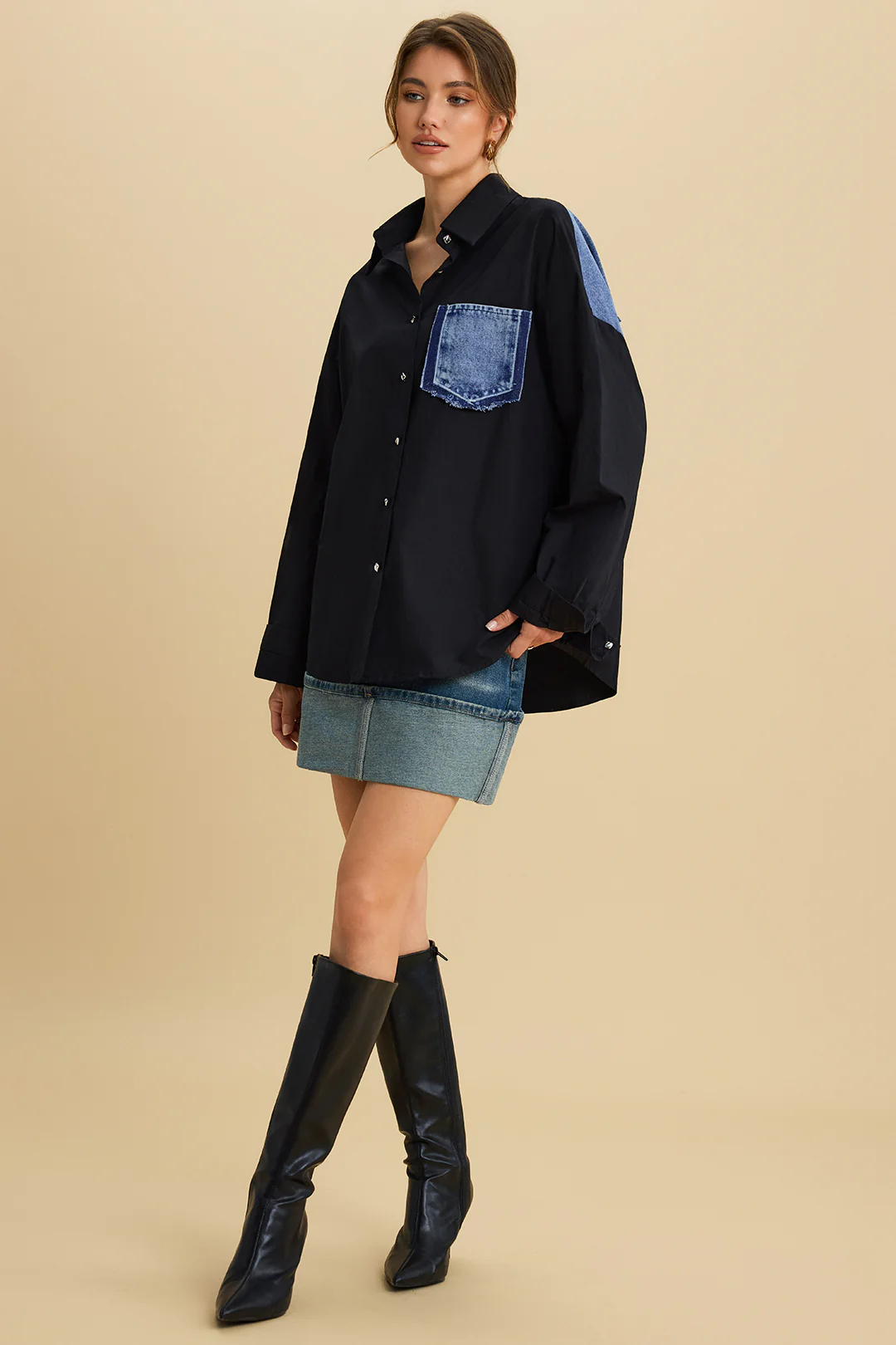 Patchwork Denim Long Sleeve Shirt - Image 2