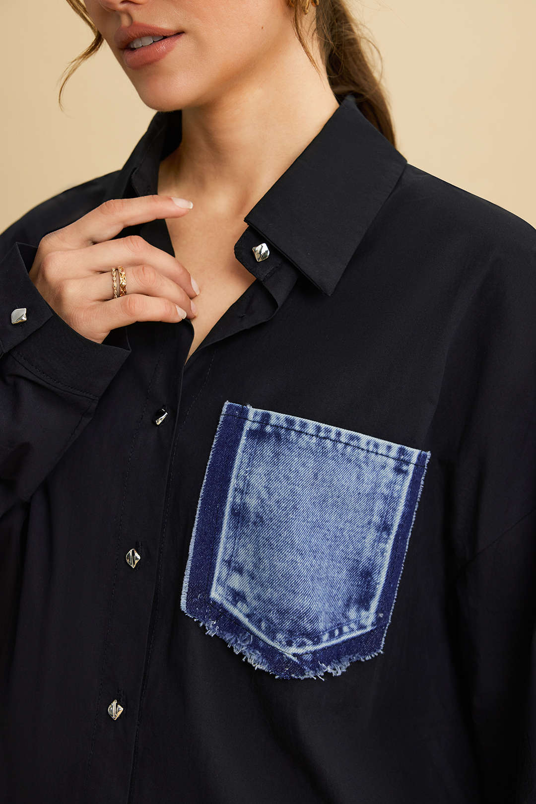 Patchwork Denim Long Sleeve Shirt - Image 3