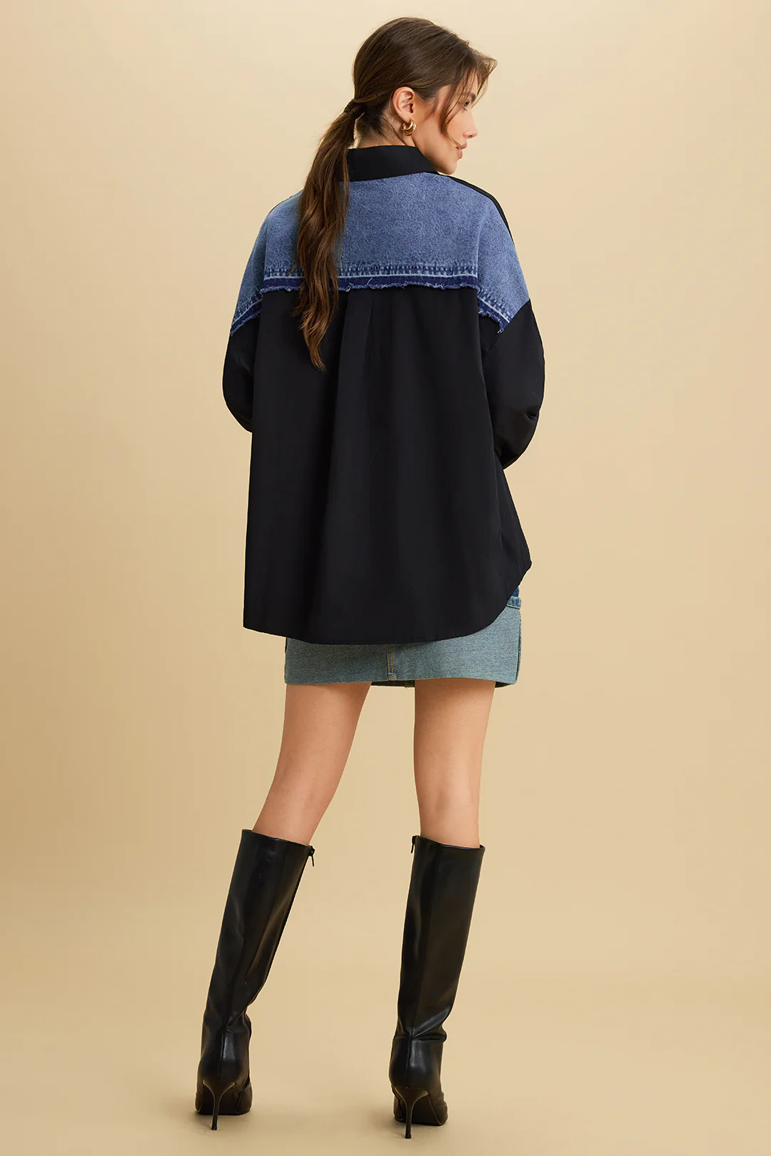 Patchwork Denim Long Sleeve Shirt - Image 4