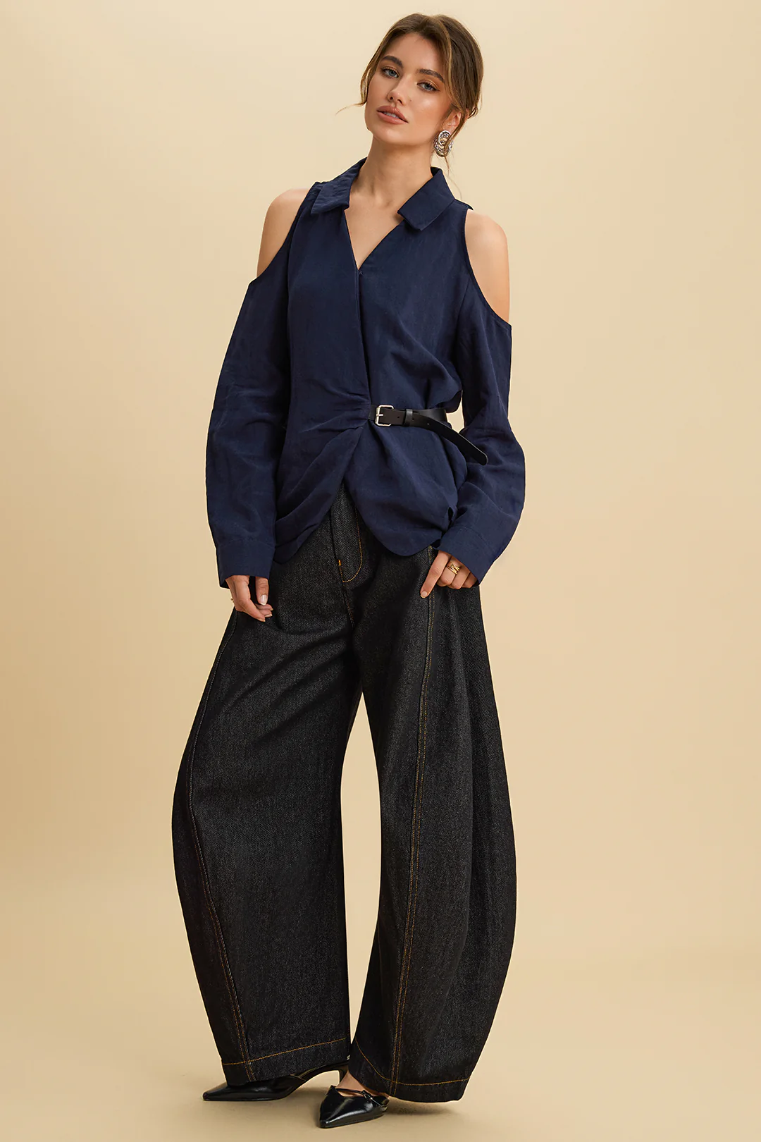 Linen Asymmetrical Belted Cut Out Long-Sleeve Shirt - Image 2