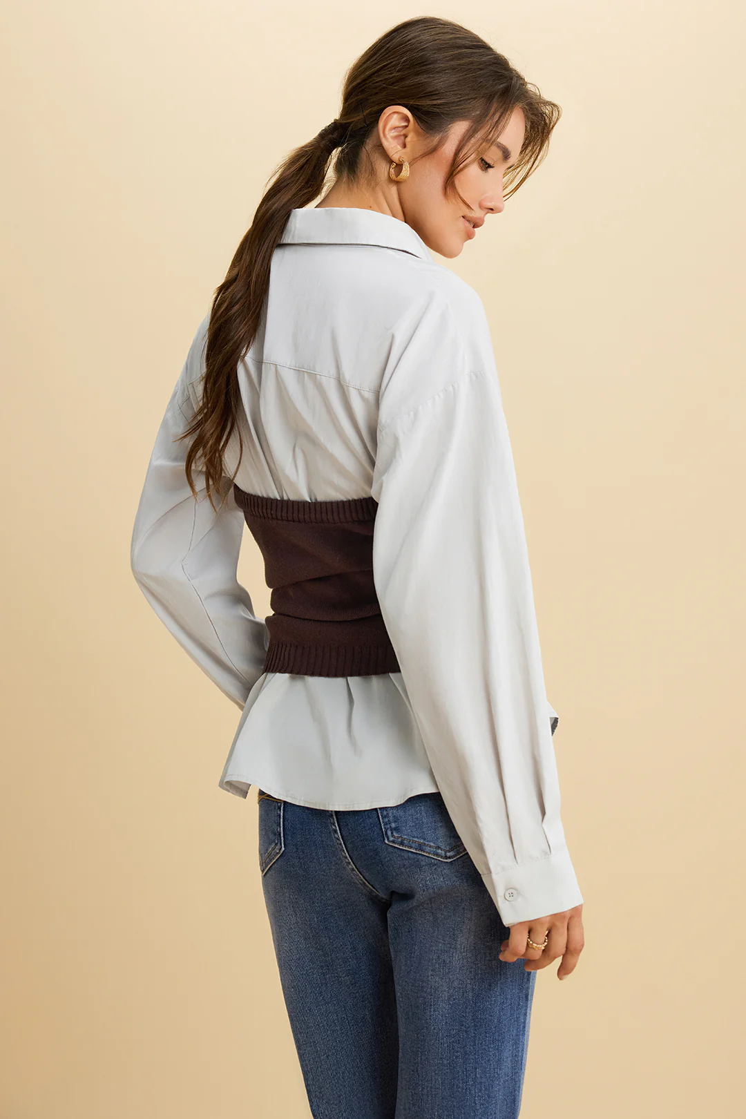 Solid Patchwork Knit Tie-Front Long-Sleeve Shirt - Image 2