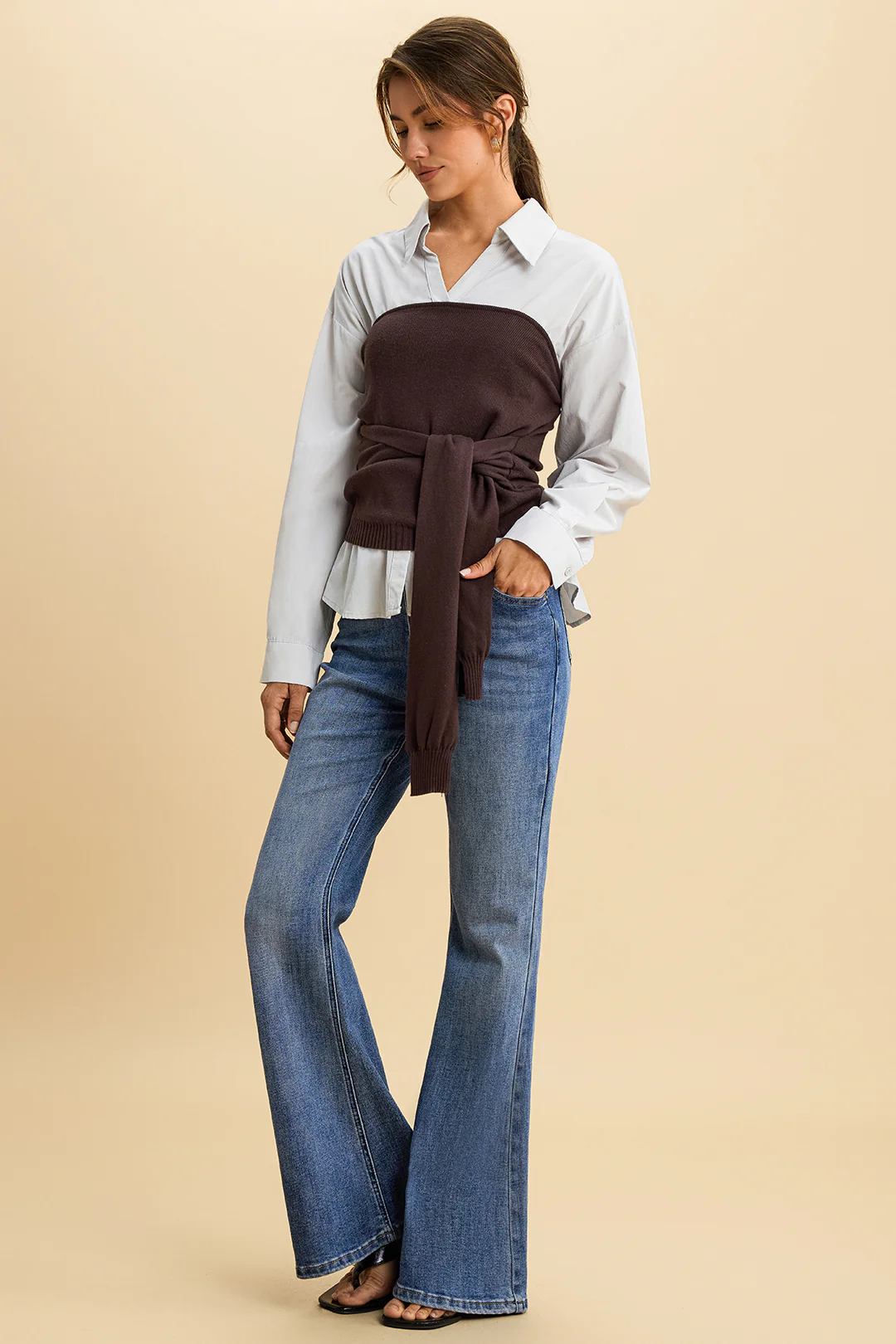Solid Patchwork Knit Tie-Front Long-Sleeve Shirt - Image 3