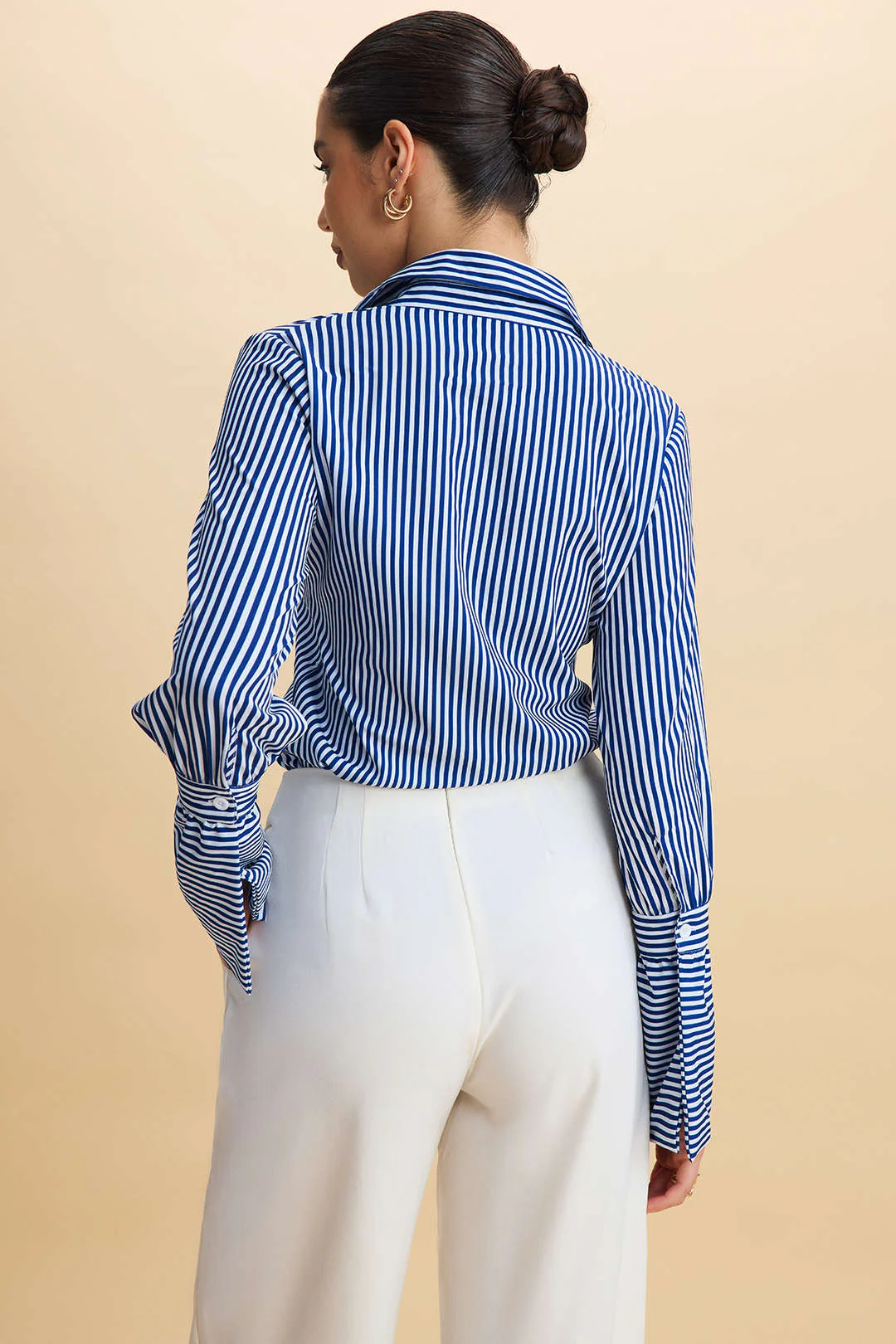 Striped Lapel Button Long Sleeve Shirt - Image 2