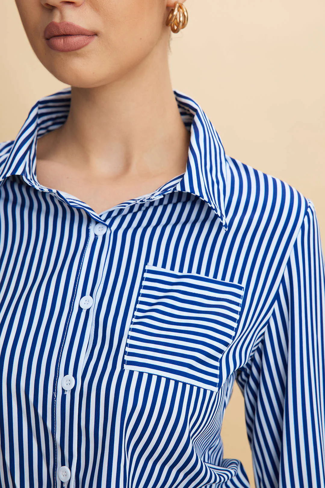 Striped Lapel Button Long Sleeve Shirt - Image 3
