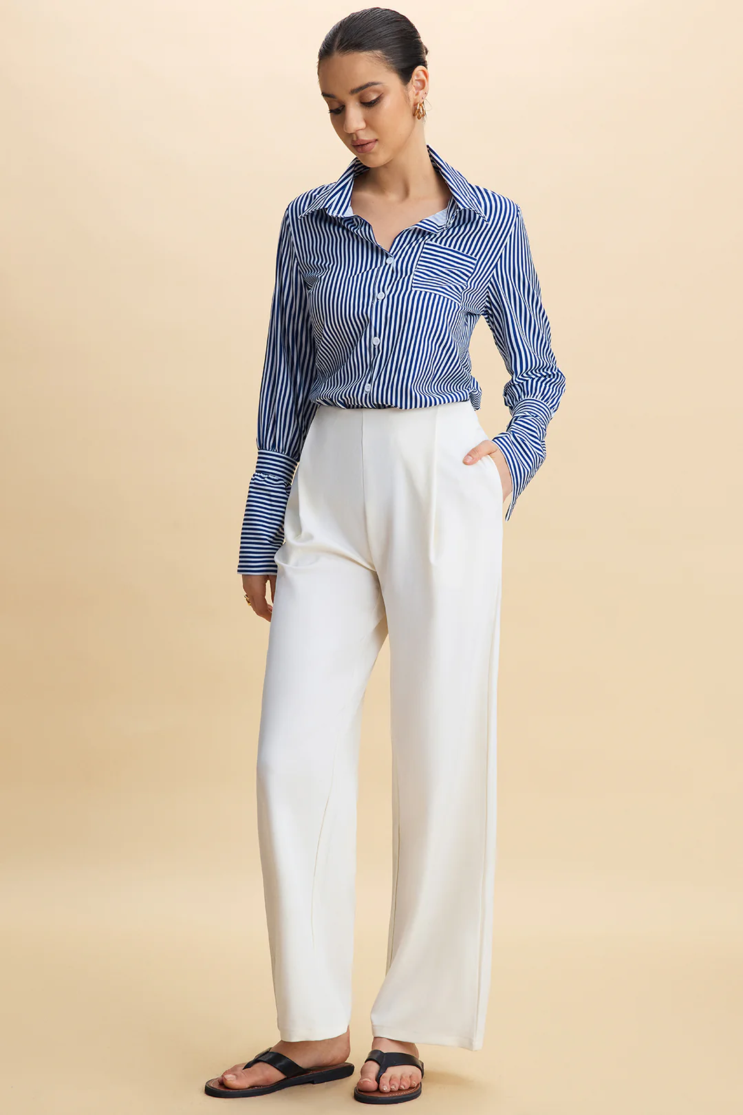 Striped Lapel Button Long Sleeve Shirt - Image 4