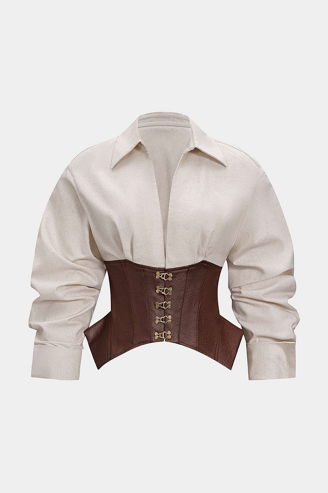 Linen Patchwork Metallic Buckle Long-Sleeve Shirt