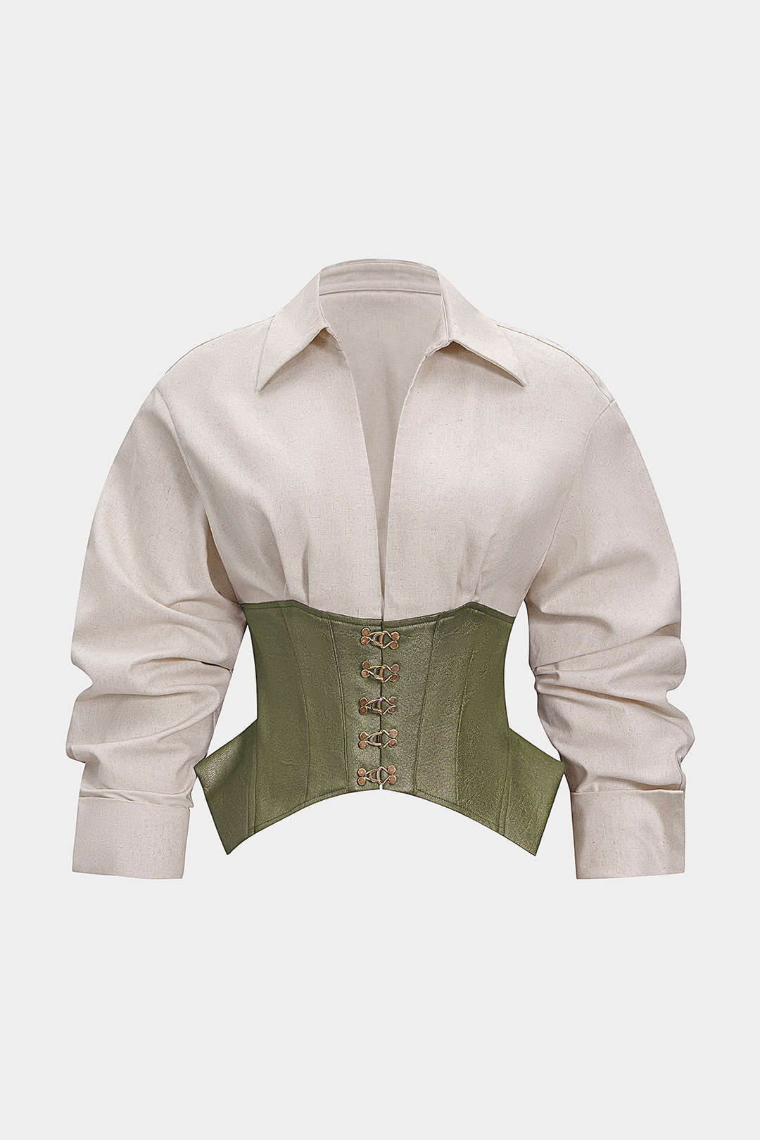 Linen Patchwork Metallic Buckle Long-Sleeve Shirt - Image 10