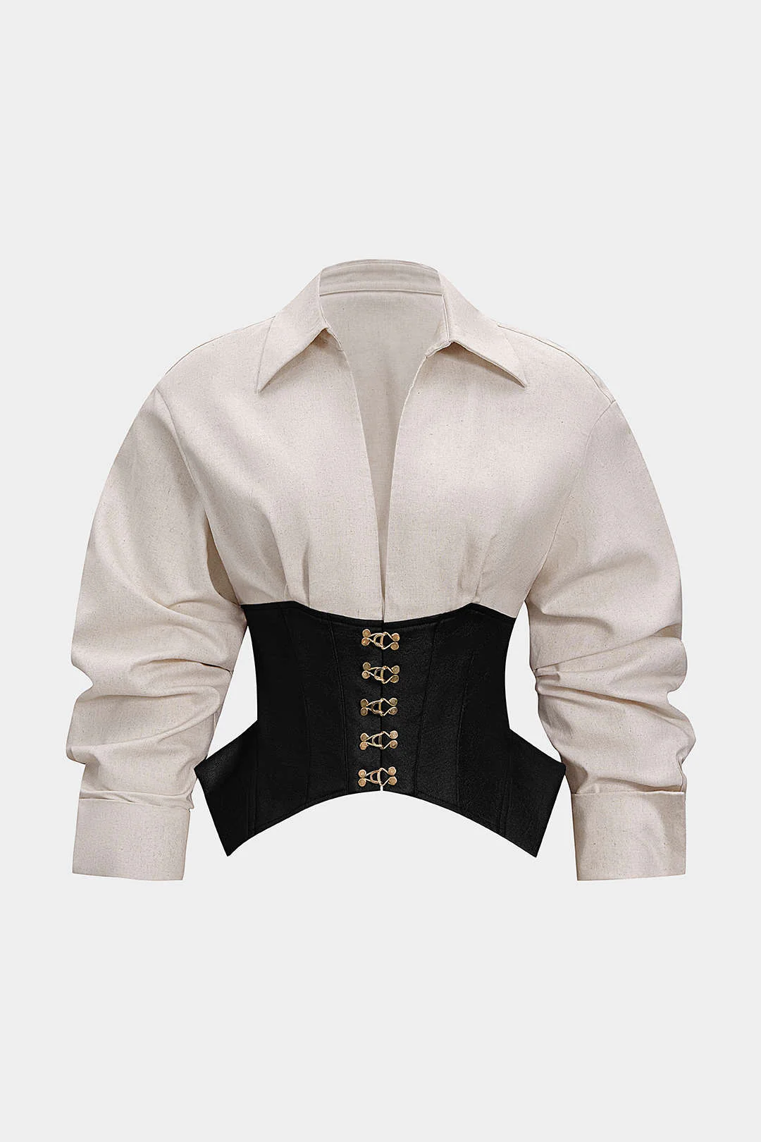 Linen Patchwork Metallic Buckle Long-Sleeve Shirt - Image 11