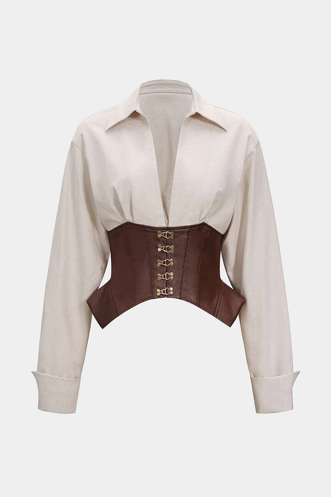 Linen Patchwork Metallic Buckle Long-Sleeve Shirt - Image 2