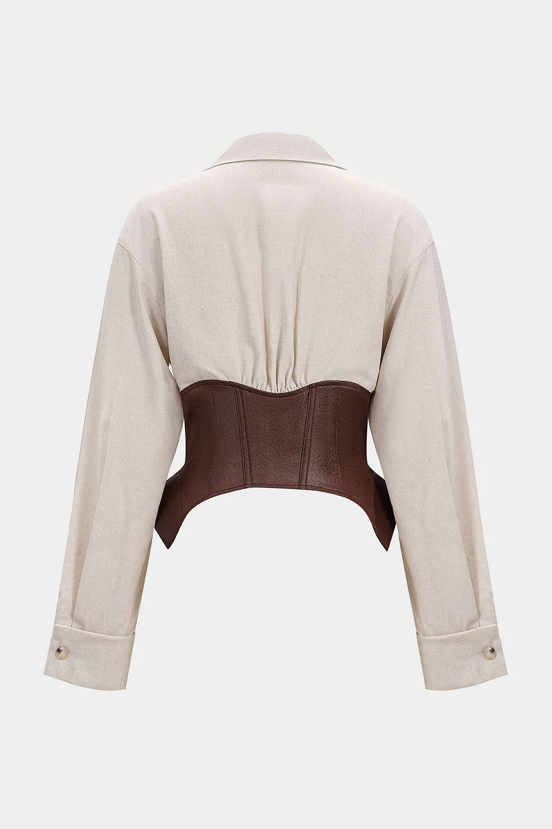 Linen Patchwork Metallic Buckle Long-Sleeve Shirt - Image 3