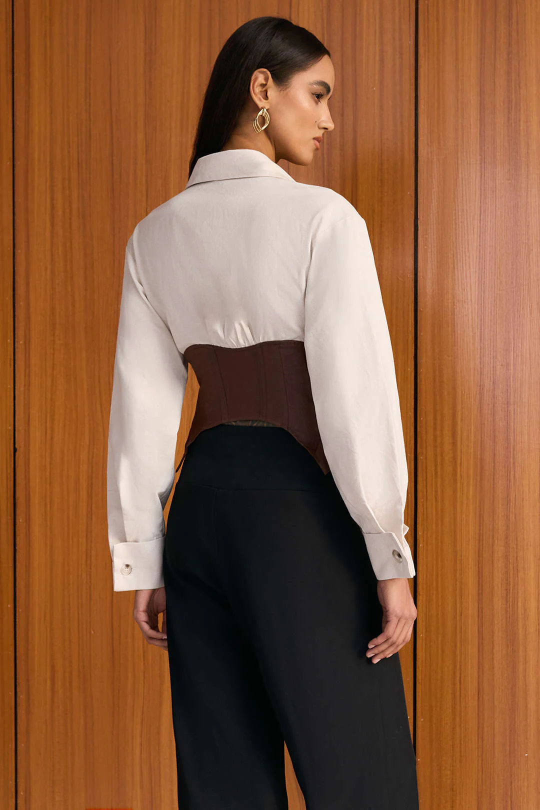 Linen Patchwork Metallic Buckle Long-Sleeve Shirt - Image 9