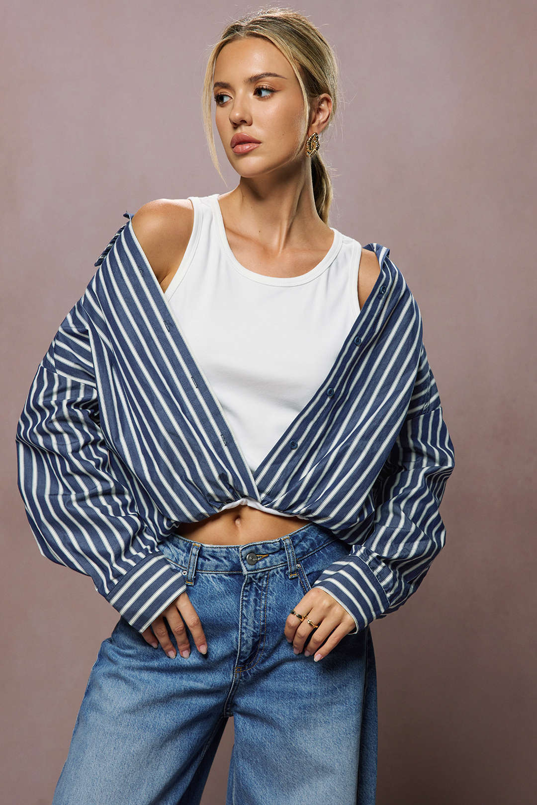 Stripes Print Button Long-Sleeve Shirt