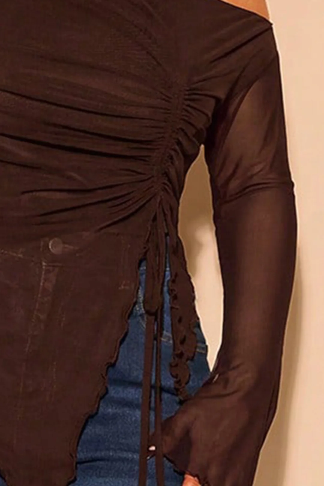 Plus Size Mesh One Shoulder Ruched Long-Sleeve Top - Image 2