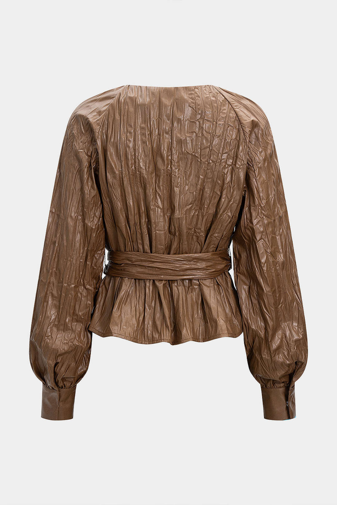 Faux Leather Pleated Belted V-Neck Long-Sleeve Shirt - Image 2