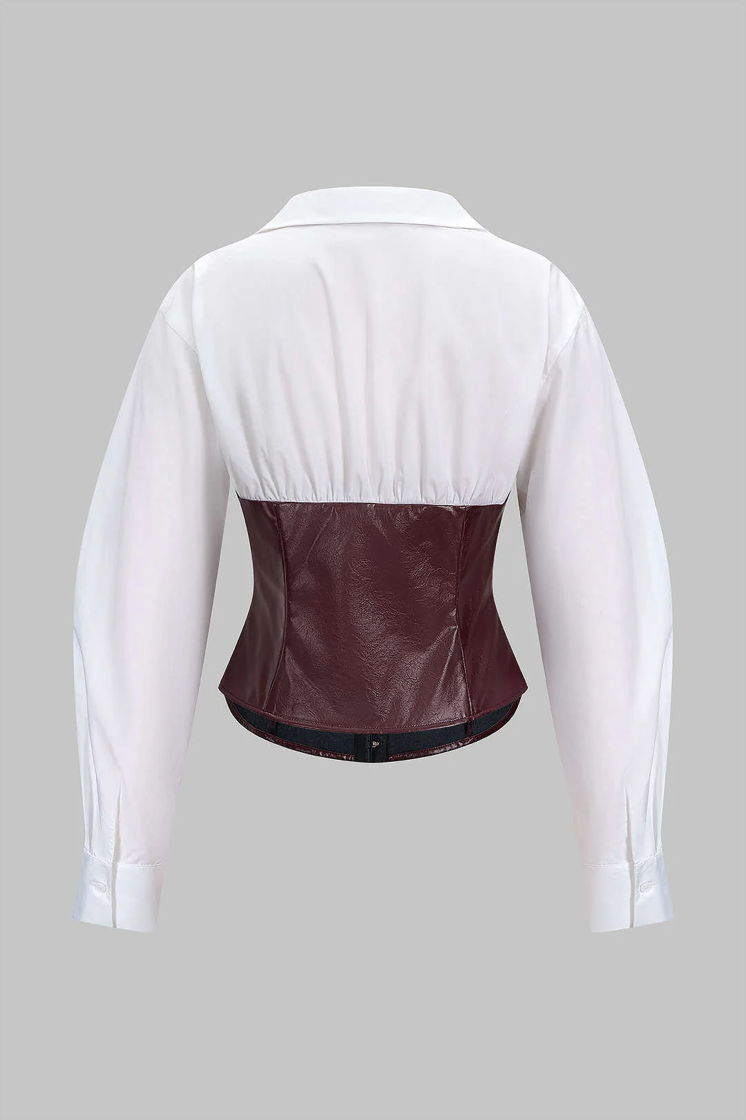 Faux Leather Patchwork Hook And Eye Waist-Cinching Long-Sleeve Shirt - Image 2
