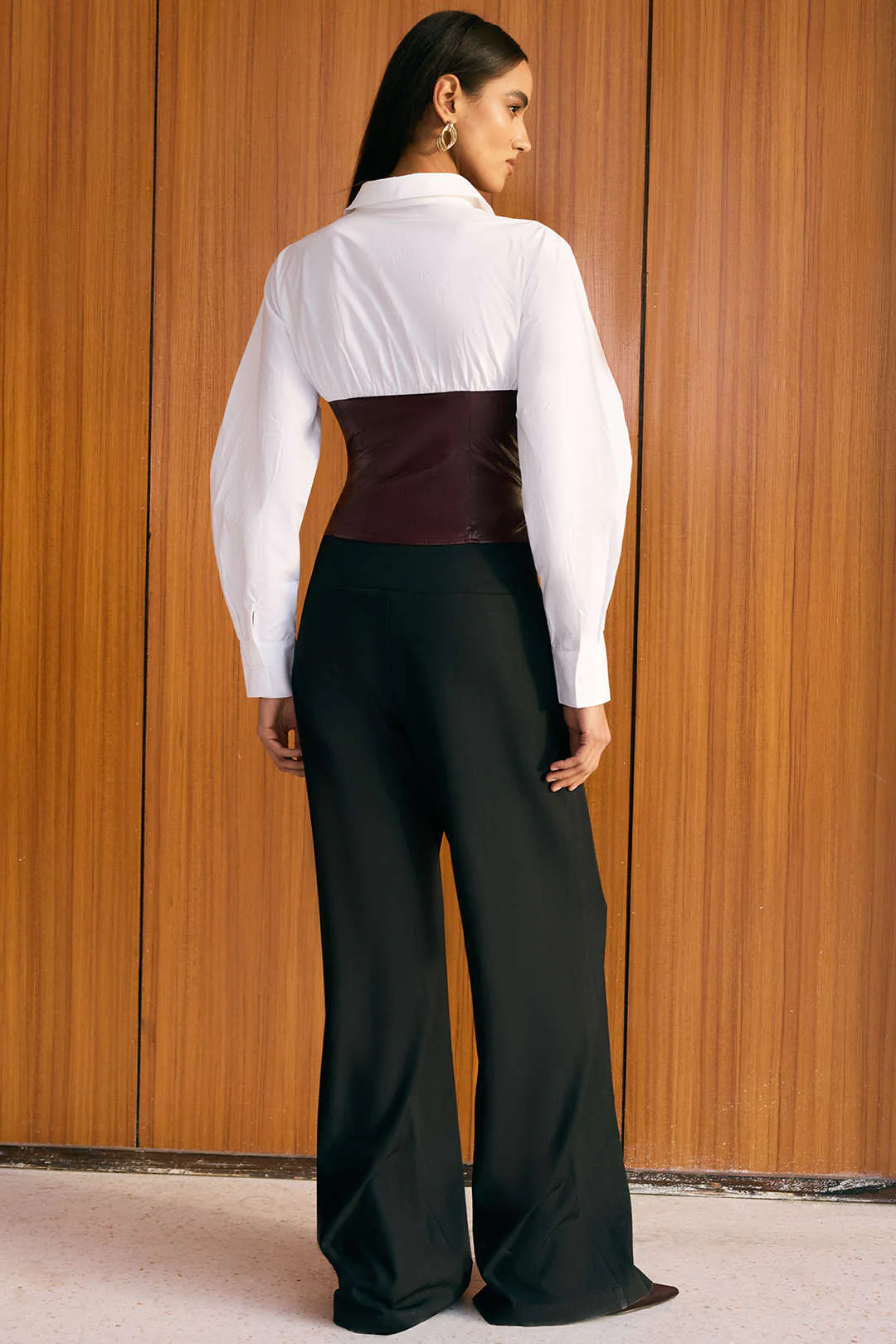 Faux Leather Patchwork Hook And Eye Waist-Cinching Long-Sleeve Shirt - Image 7