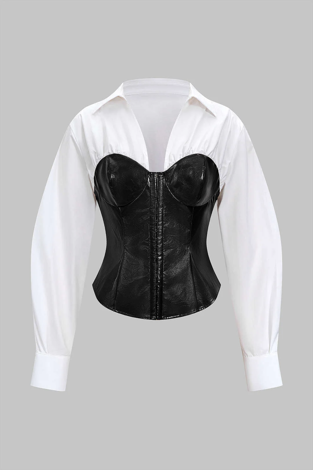Faux Leather Patchwork Hook And Eye Waist-Cinching Long-Sleeve Shirt - Image 8
