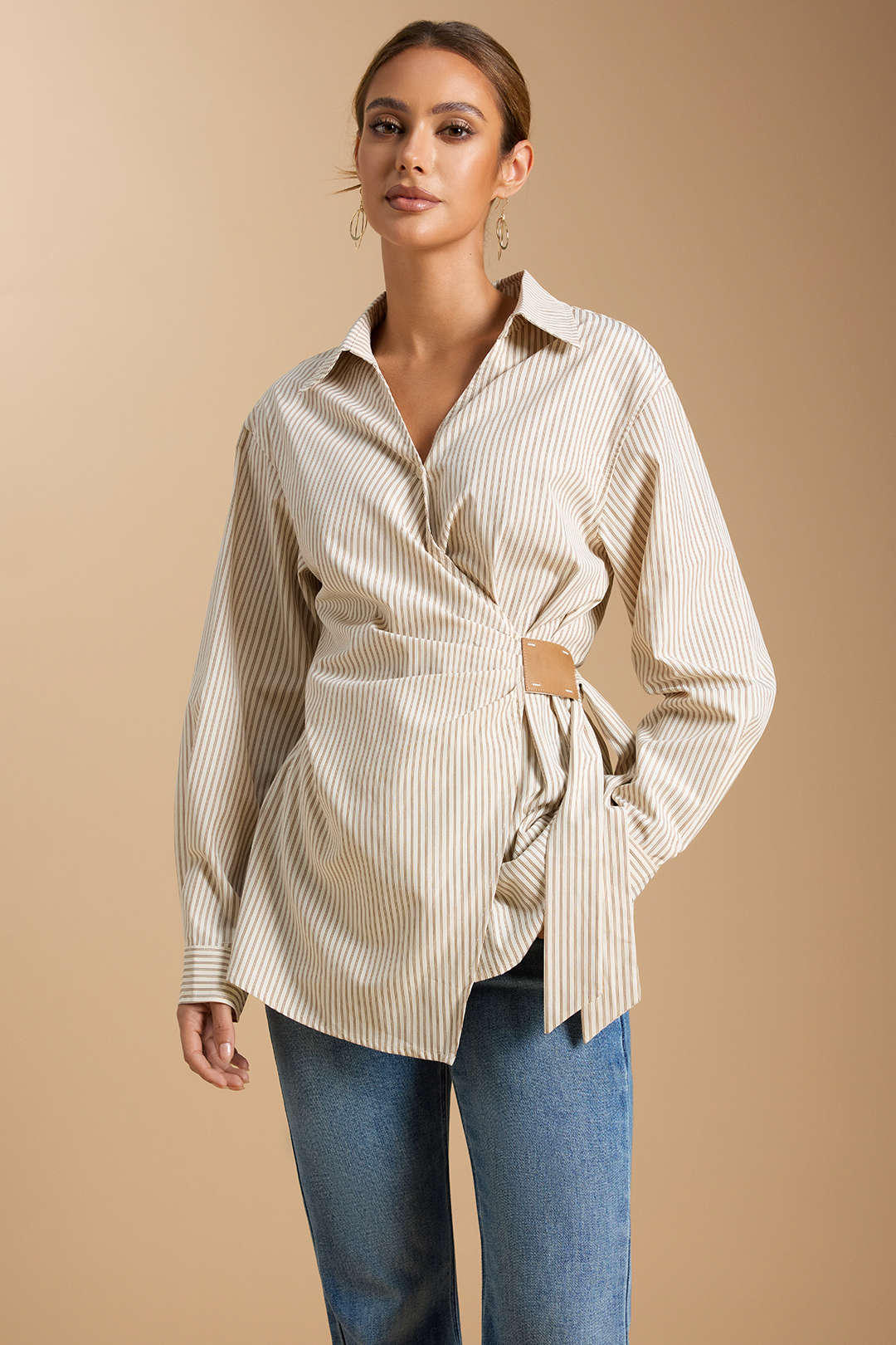 Stripes Print Button Ruched Long-Sleeve Shirt - Image 3