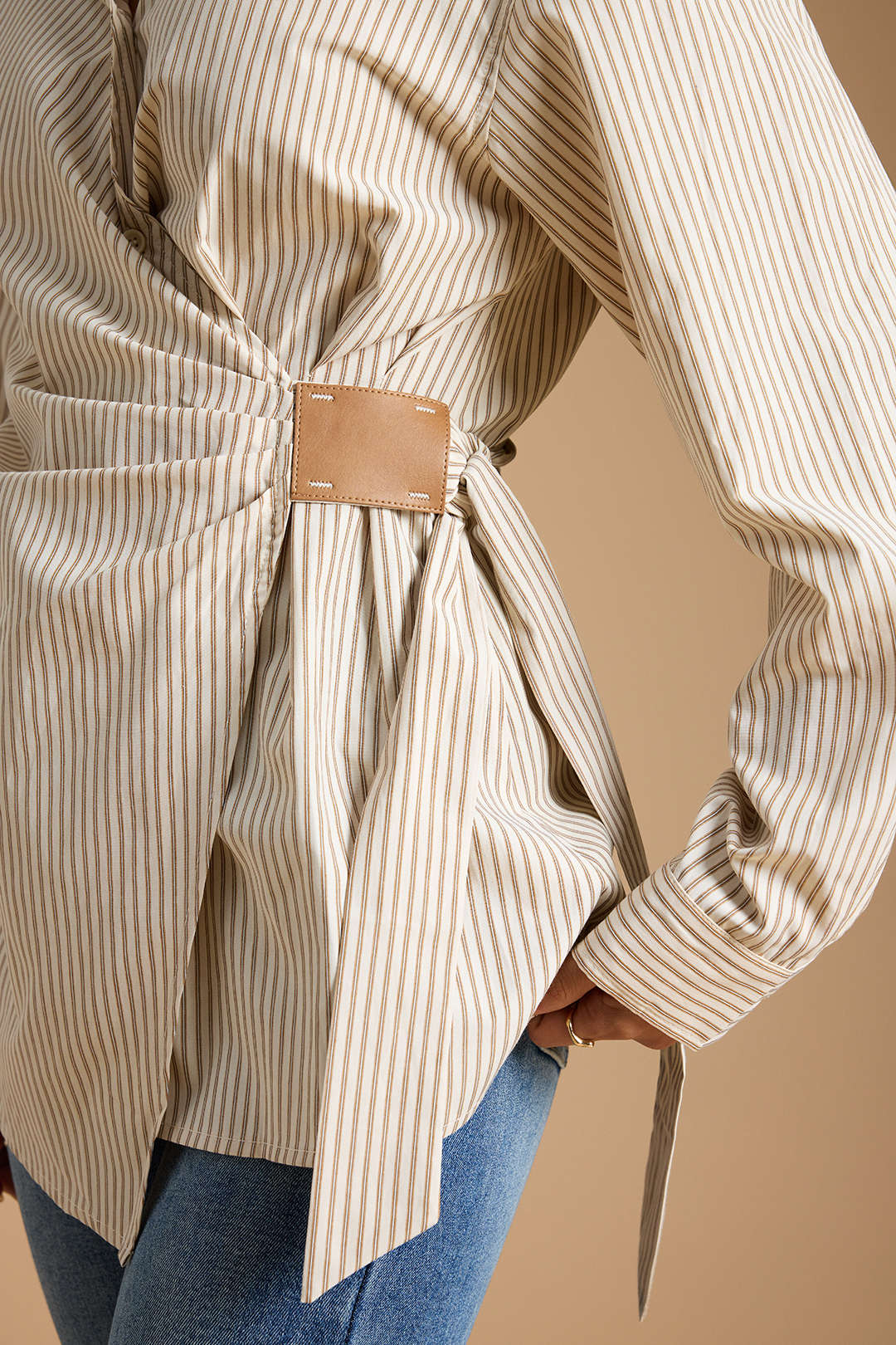 Stripes Print Button Ruched Long-Sleeve Shirt - Image 4