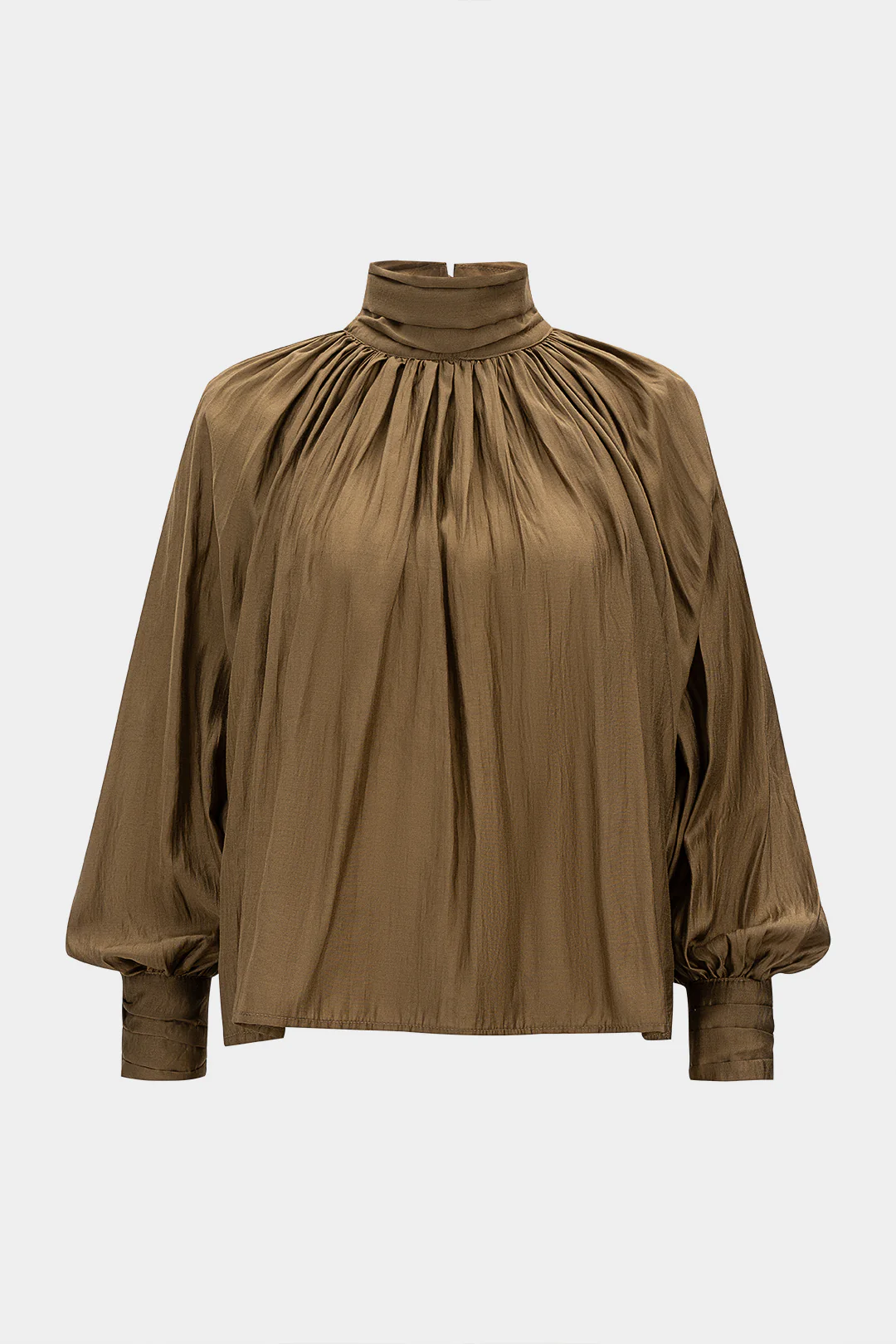 Mock Neck Ruched Button Long-Sleeve Shirt