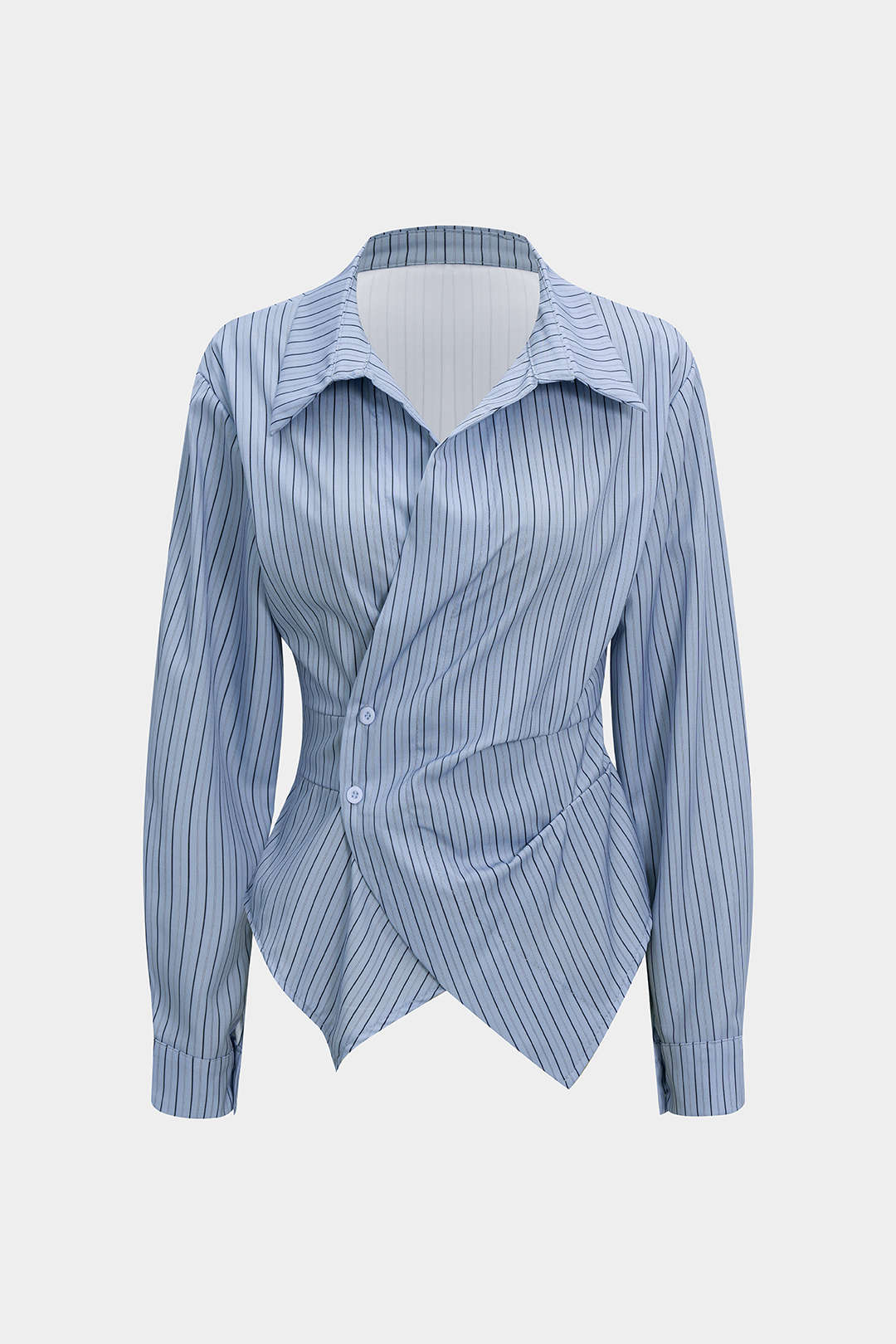 Stripes Print V-Neck Ruched Long-Sleeve Shirt - Image 2