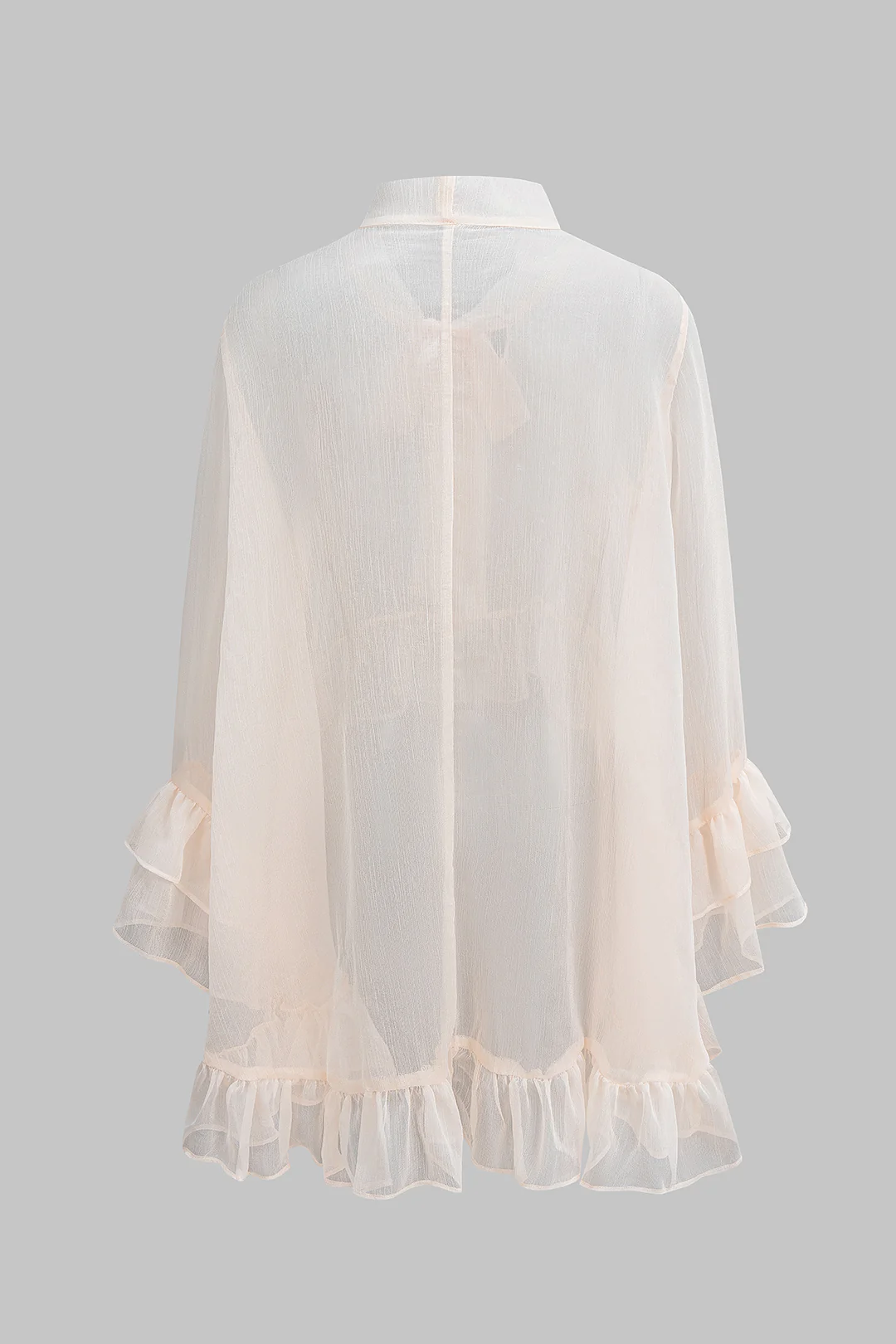 Sheer Ruffle Hem Strappy Long-Sleeve Shirt - Image 2