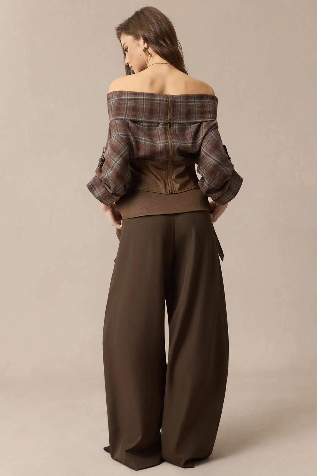 Plaid Print Satin Patchwork Off Shoulder Zipper Long-Sleeve Shirt - Image 10
