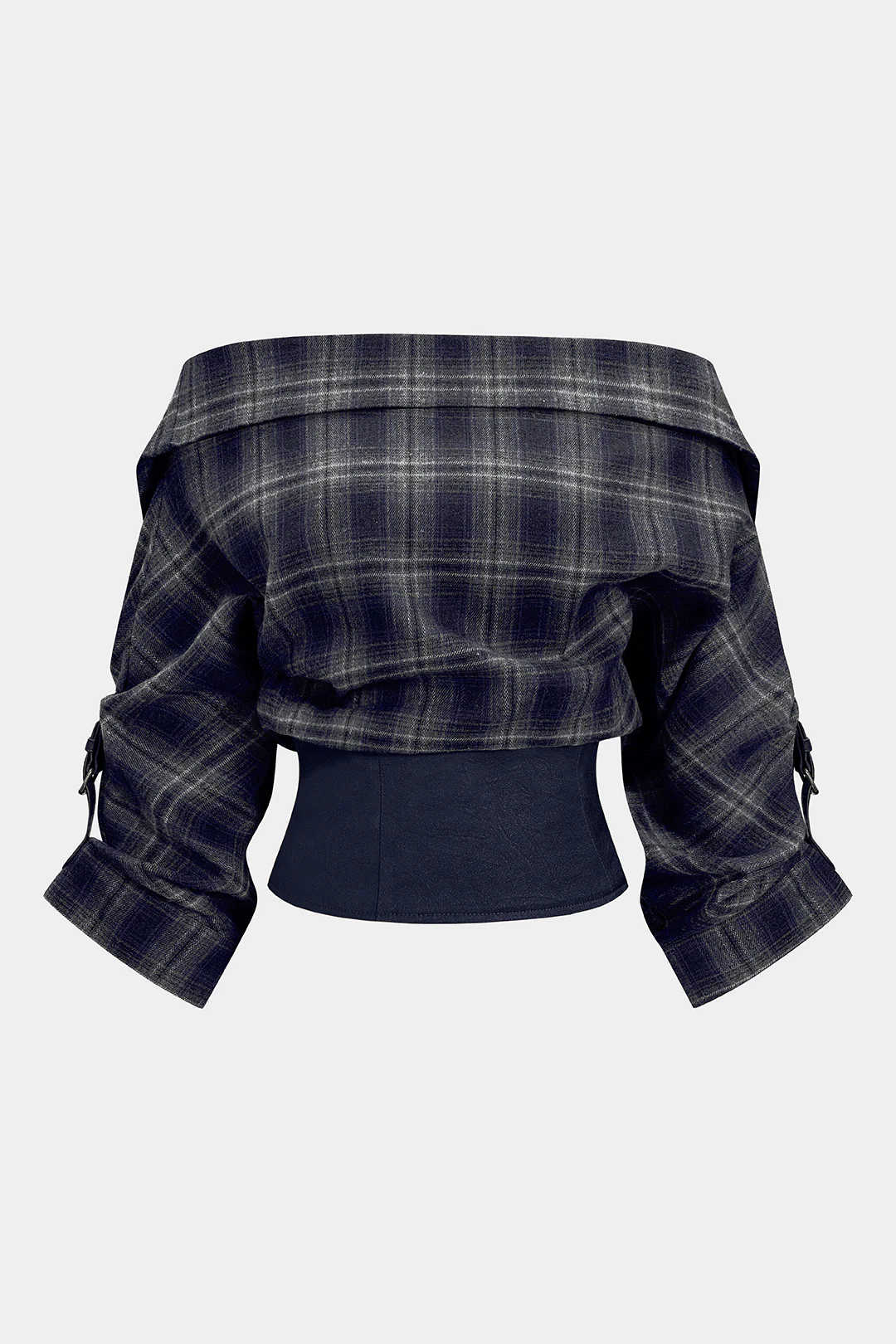 Plaid Print Satin Patchwork Off Shoulder Zipper Long-Sleeve Shirt - Image 11