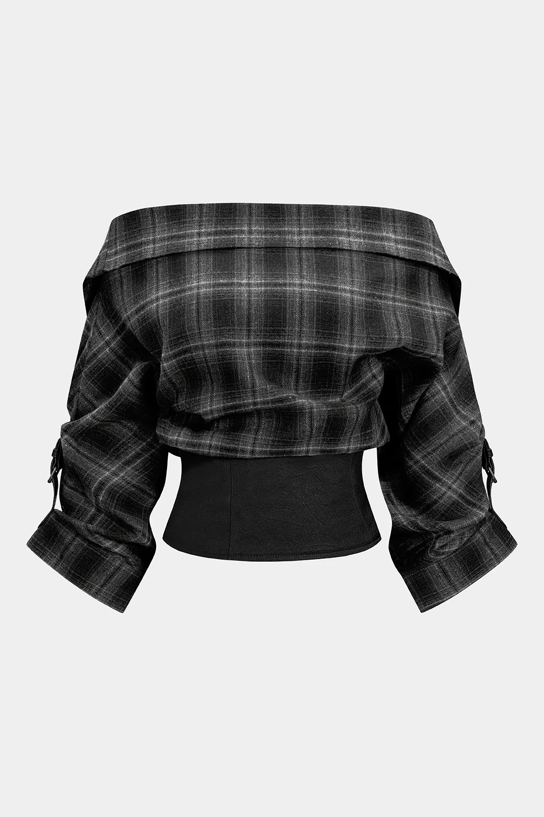 Plaid Print Satin Patchwork Off Shoulder Zipper Long-Sleeve Shirt - Image 12