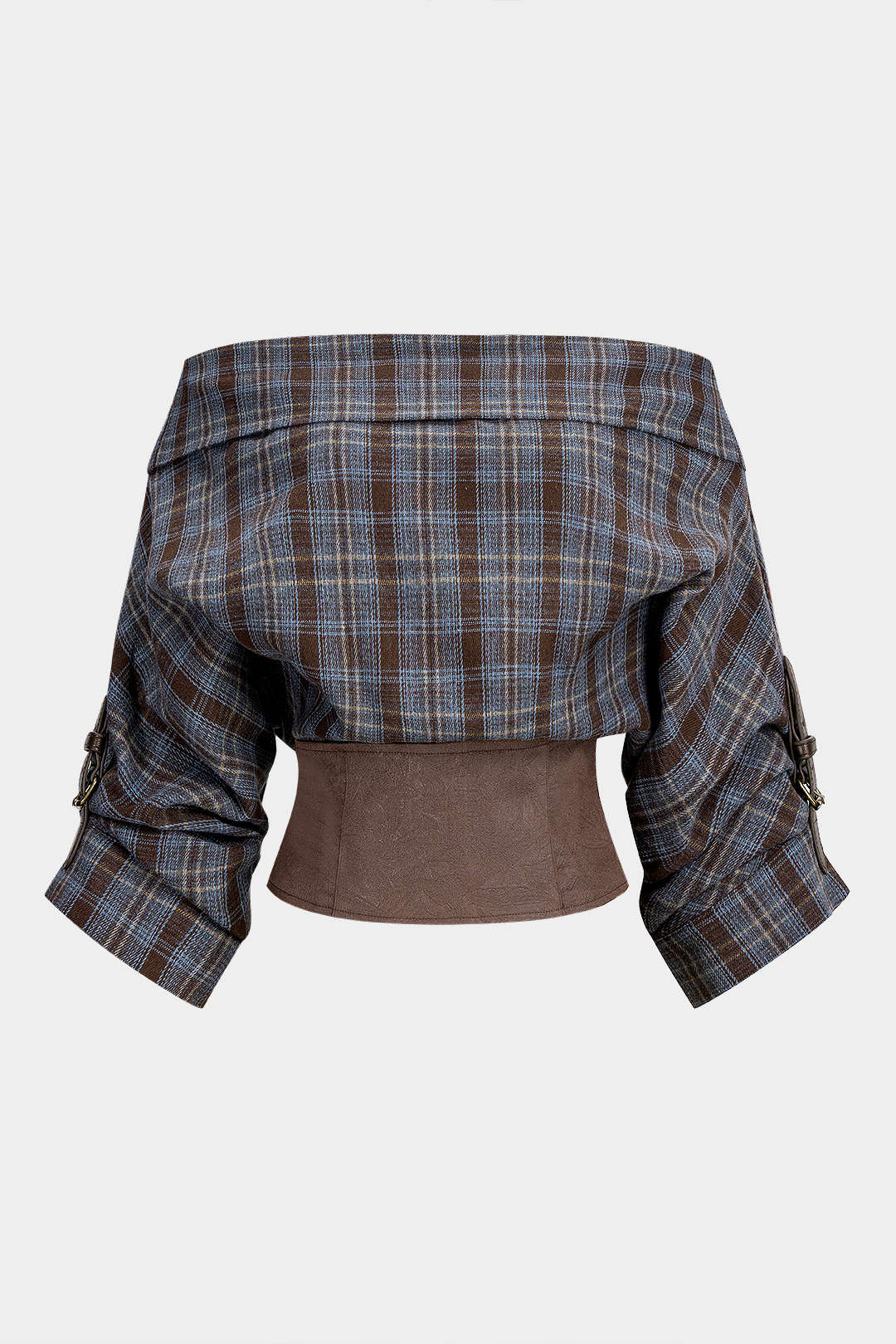 Plaid Print Satin Patchwork Off Shoulder Zipper Long-Sleeve Shirt - Image 13