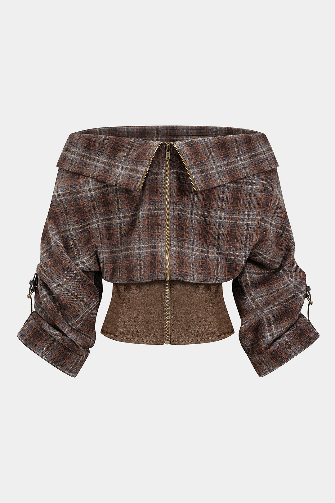 Plaid Print Satin Patchwork Off Shoulder Zipper Long-Sleeve Shirt - Image 2