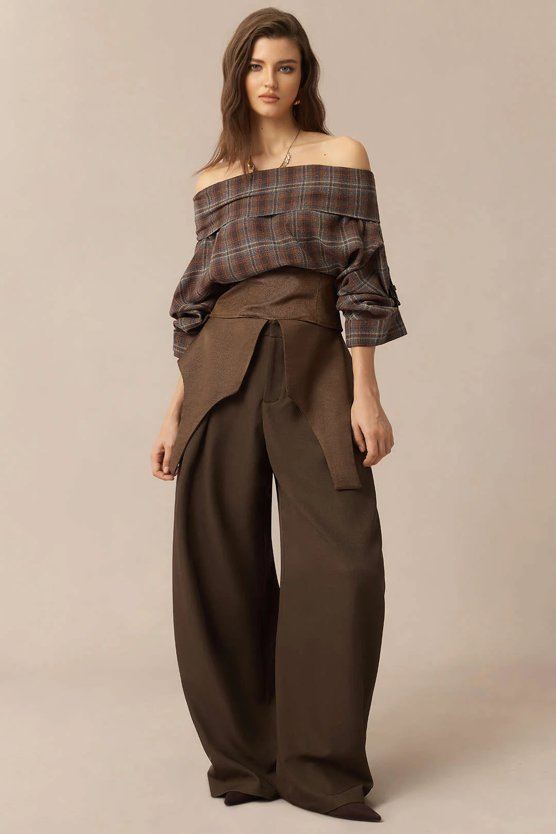 Plaid Print Satin Patchwork Off Shoulder Zipper Long-Sleeve Shirt - Image 6