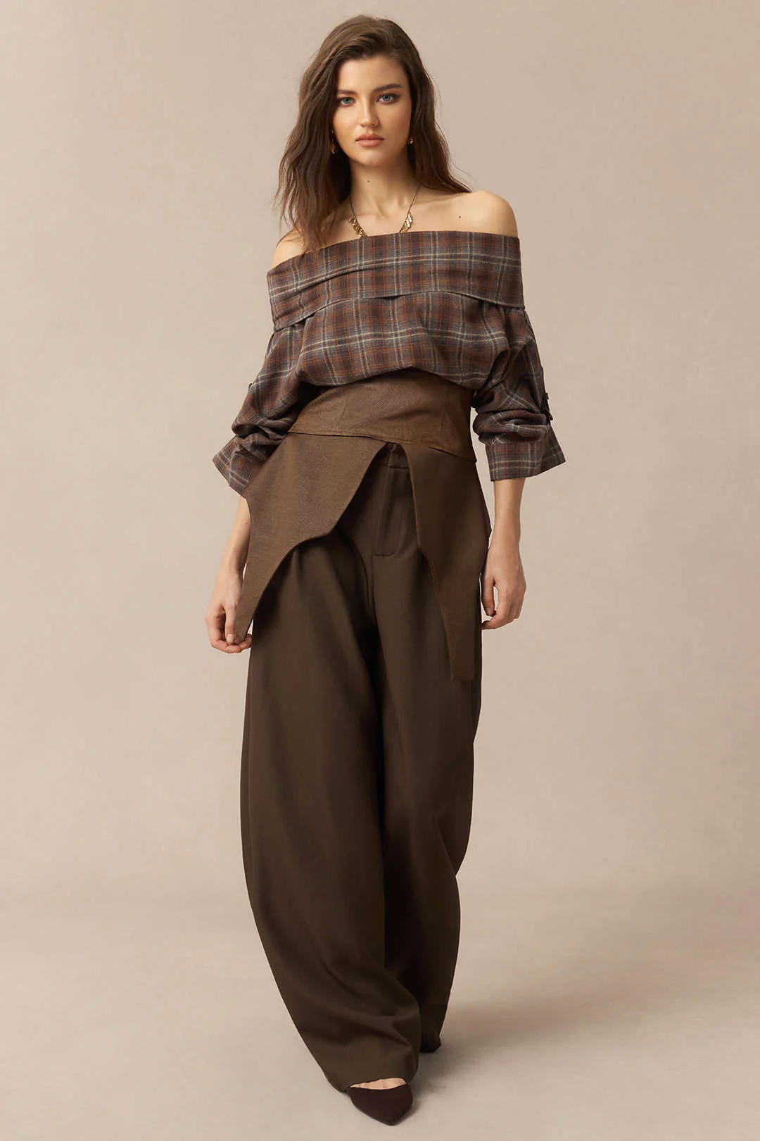 Plaid Print Satin Patchwork Off Shoulder Zipper Long-Sleeve Shirt - Image 7