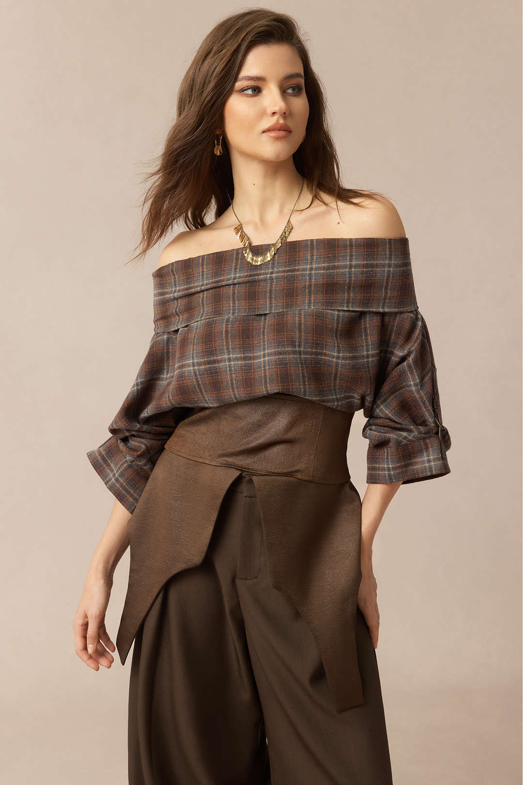 Plaid Print Satin Patchwork Off Shoulder Zipper Long-Sleeve Shirt - Image 8