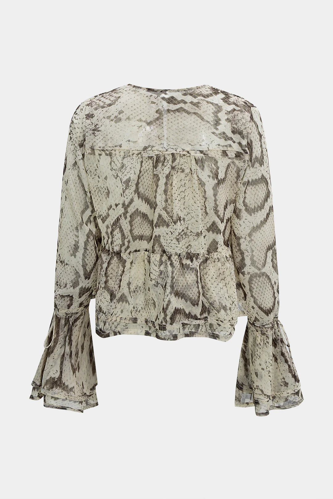 Snake Skin Print Chiffon Ruffle Strappy Long-Sleeve Top - Image 2