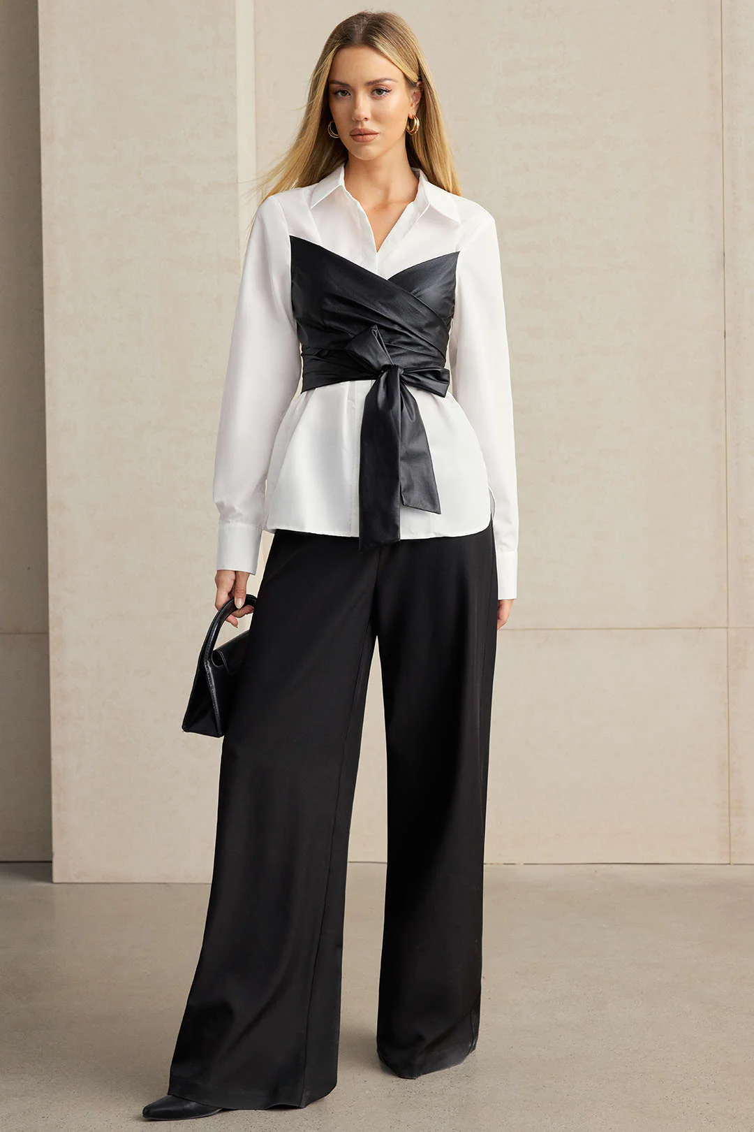 Faux Leather Patchwork Tie-Back Long-Sleeve Shirt - Image 10