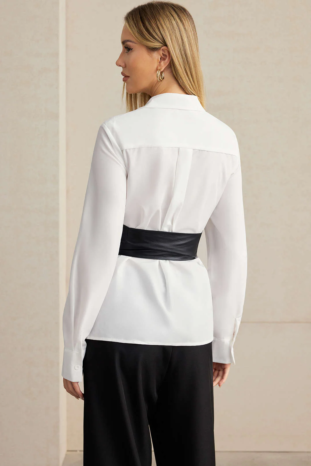 Faux Leather Patchwork Tie-Back Long-Sleeve Shirt - Image 11