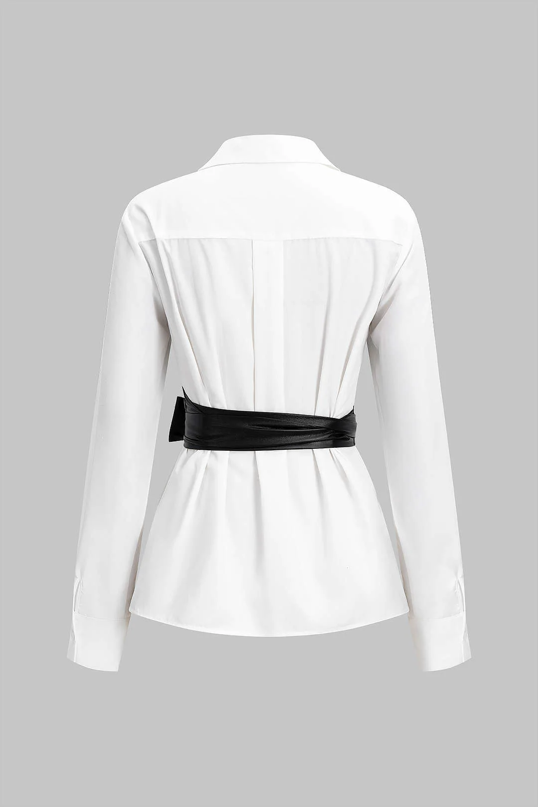 Faux Leather Patchwork Tie-Back Long-Sleeve Shirt - Image 2