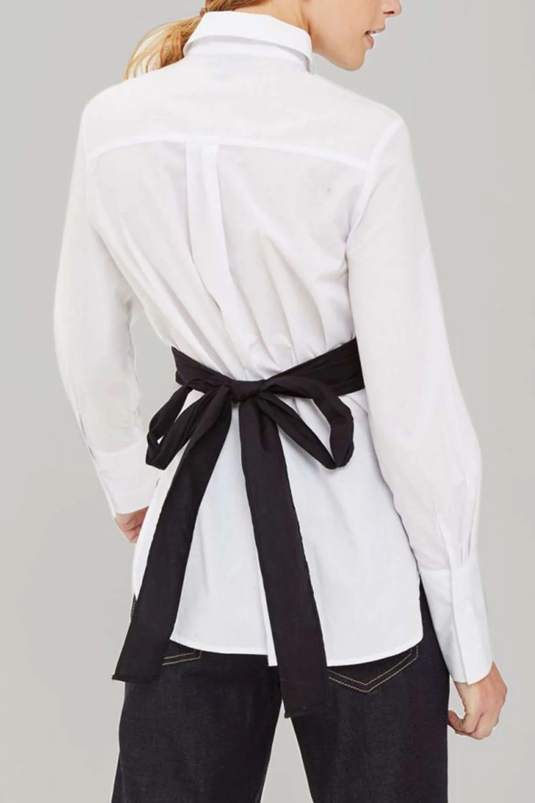 Faux Leather Patchwork Tie-Back Long-Sleeve Shirt - Image 3