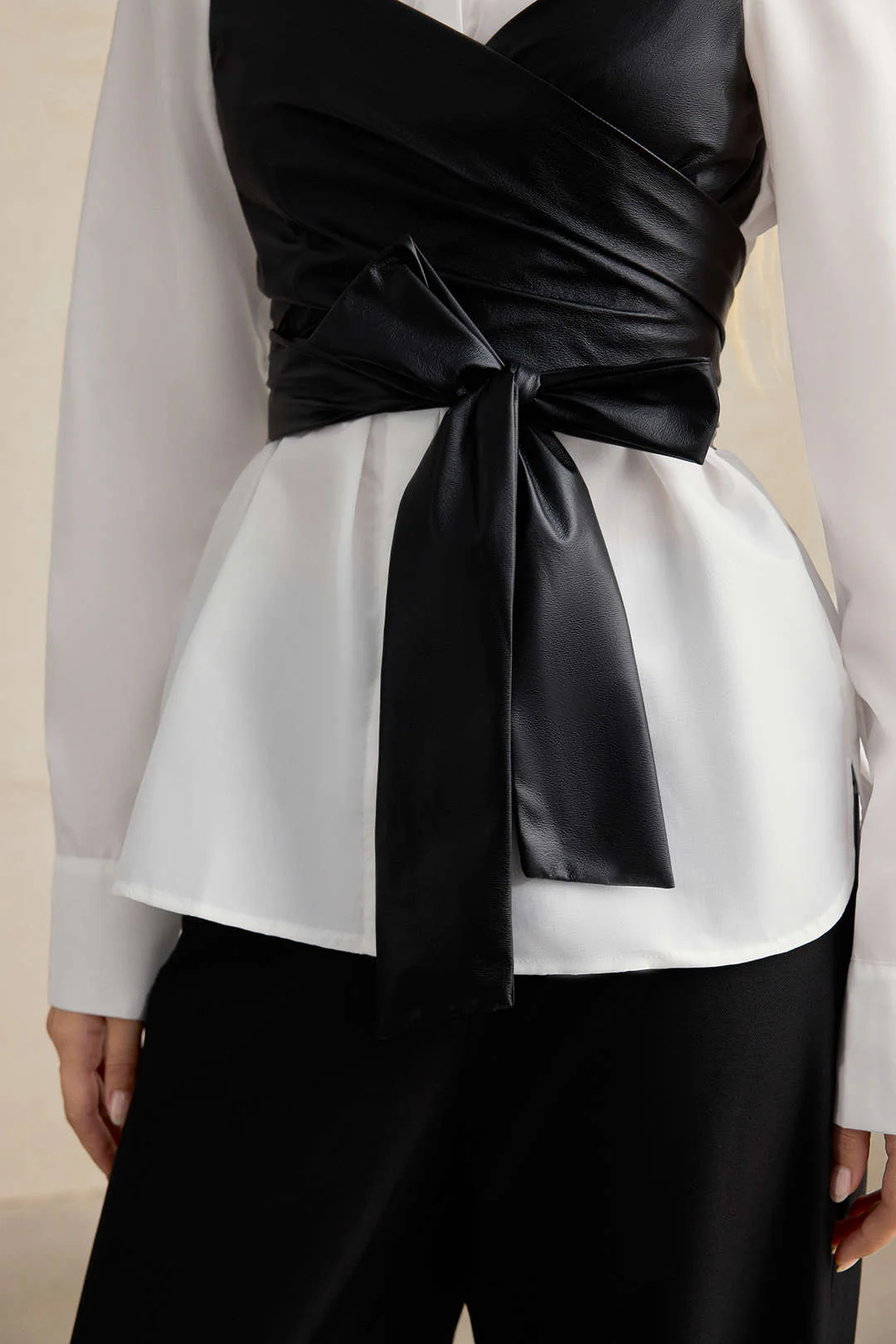 Faux Leather Patchwork Tie-Back Long-Sleeve Shirt - Image 9