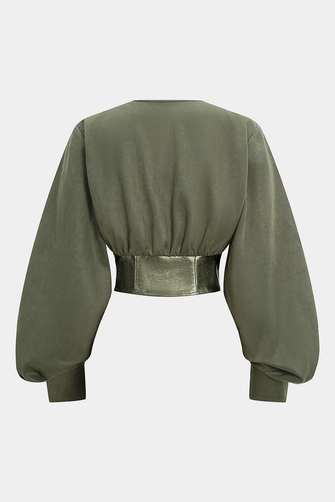 Faux Leather Suede Patchwork V-Neck Metallic Decor Long-Sleeve Top - Image 2