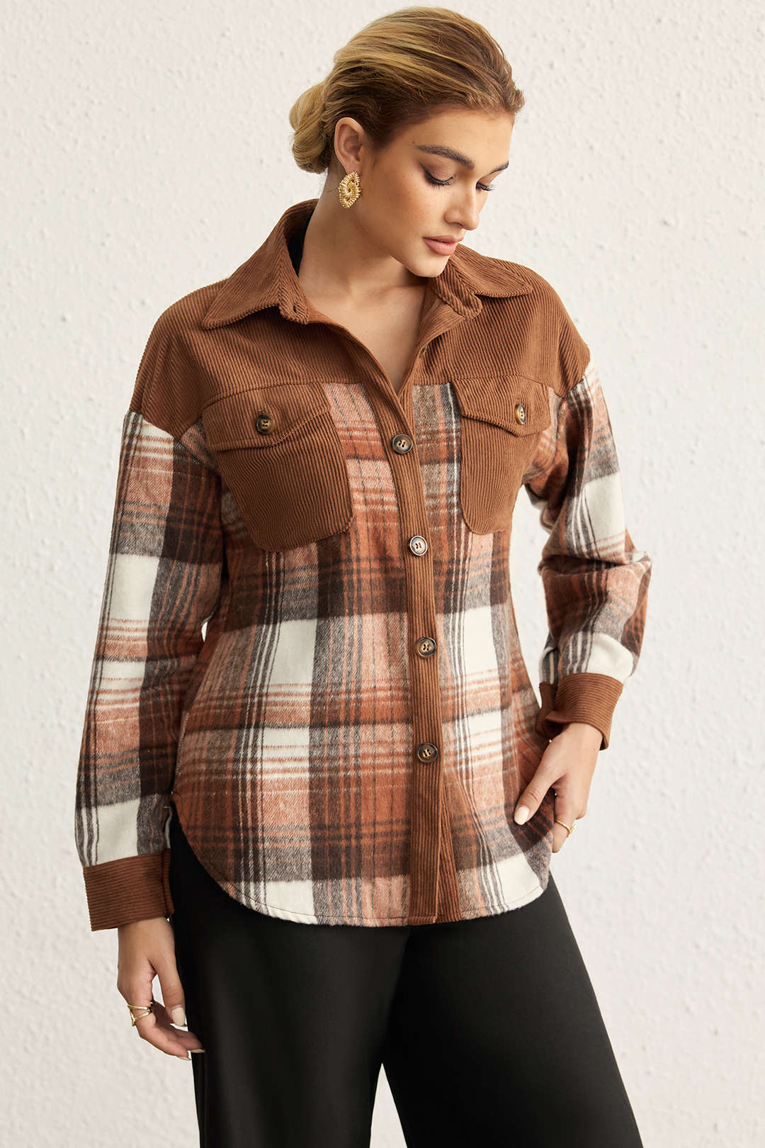 Plaid Print Corduroy Patchwork Button Pocket Long-Sleeve Shirt - Image 2