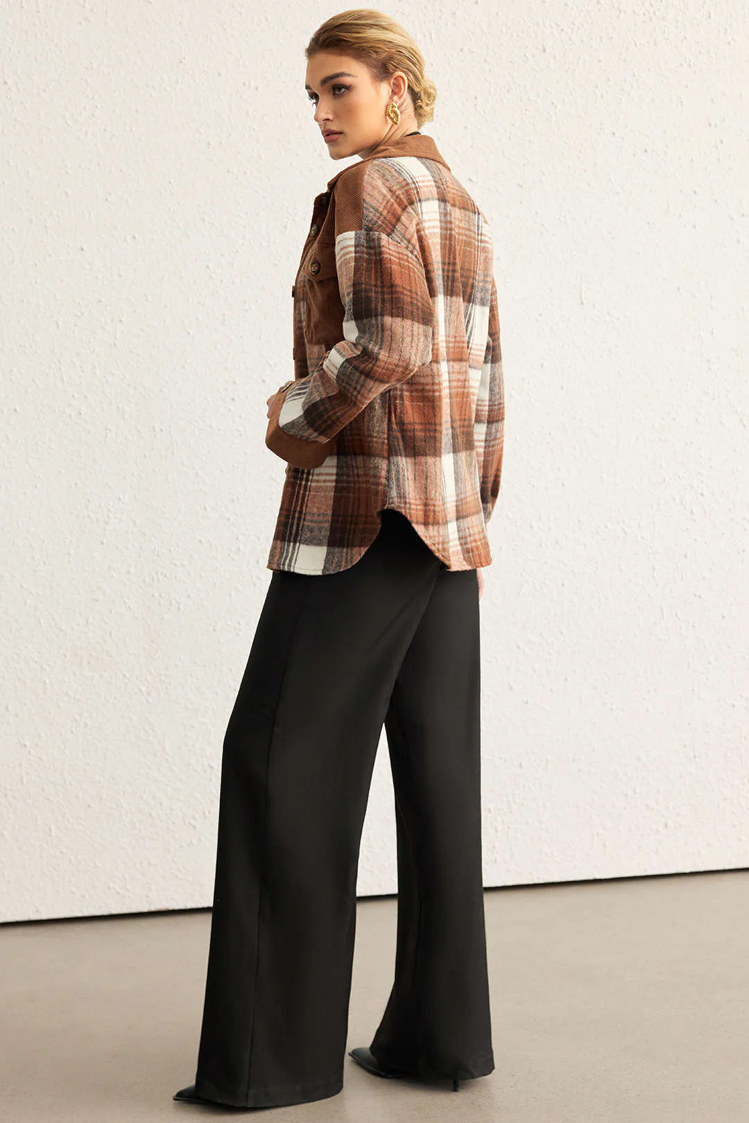 Plaid Print Corduroy Patchwork Button Pocket Long-Sleeve Shirt - Image 3