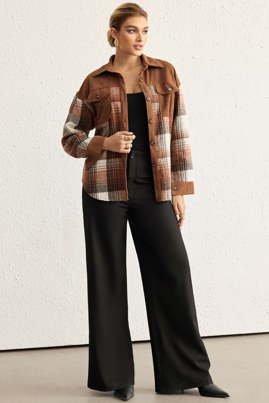 Plaid Print Corduroy Patchwork Button Pocket Long-Sleeve Shirt - Image 4