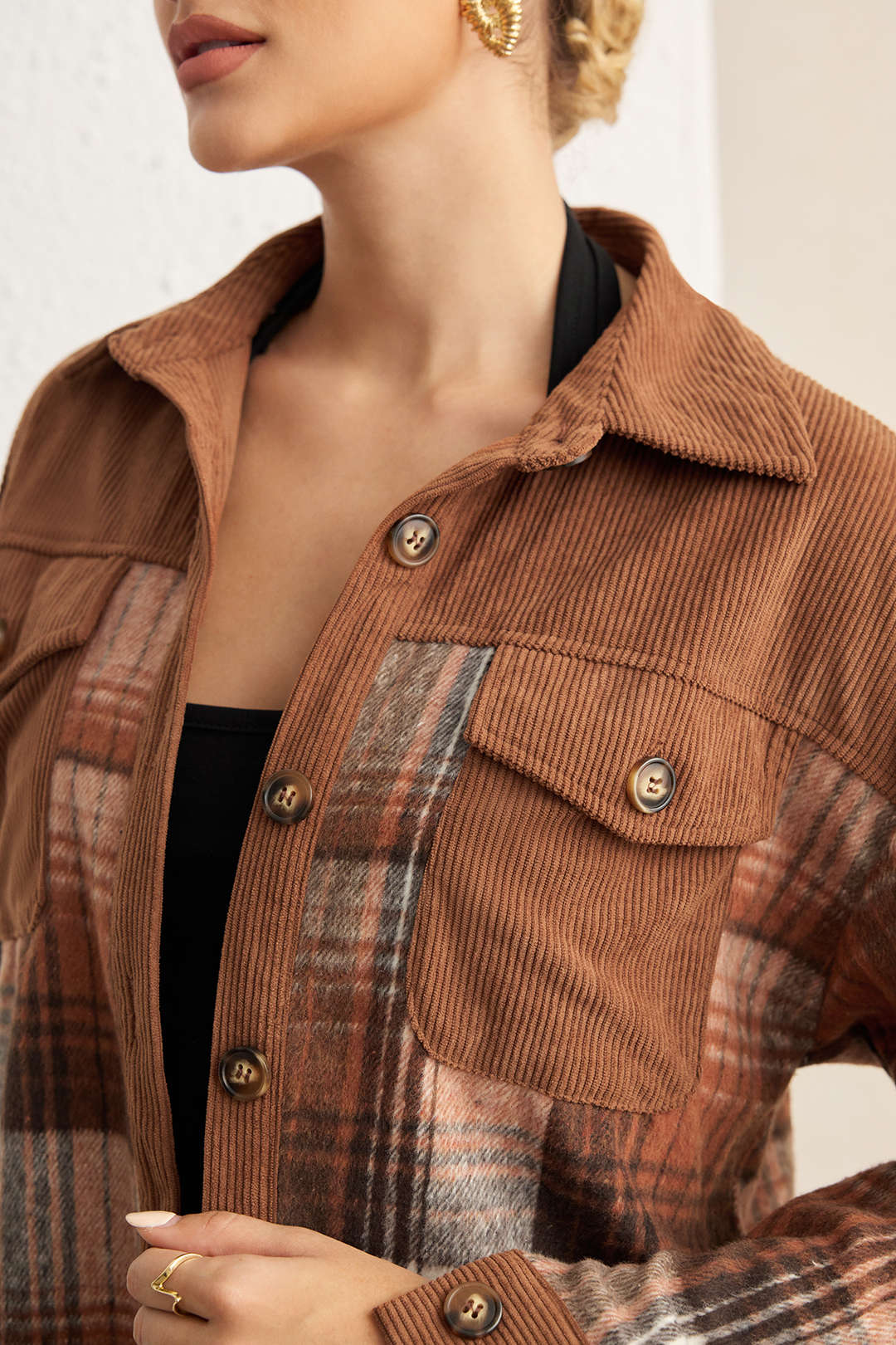 Plaid Print Corduroy Patchwork Button Pocket Long-Sleeve Shirt - Image 5