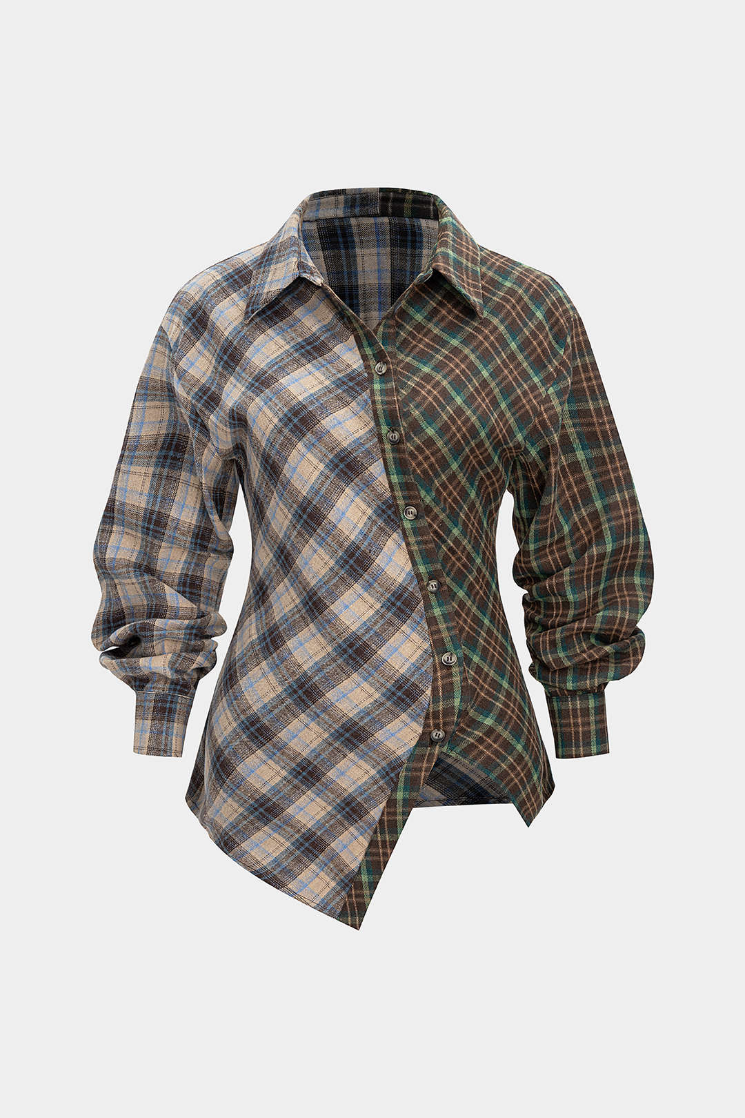 Plaid Print Asymmetrical Button Long-Sleeve Shirt