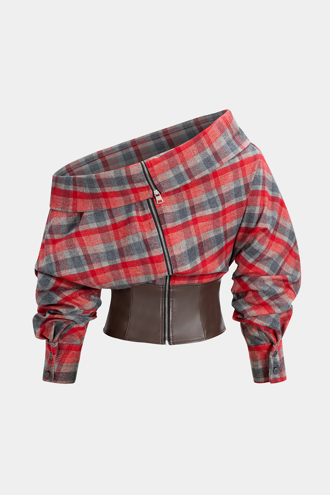 Plaid Print Faux Leather Asymmetrical Neck Long-Sleeve Shirt - Image 2